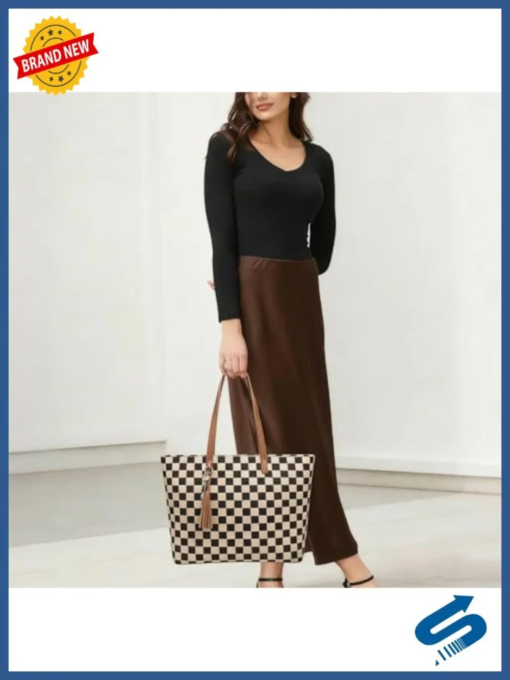 Checkered Canvas Tote Bag with Wristlet Large Capacity Shoulder Handbag
